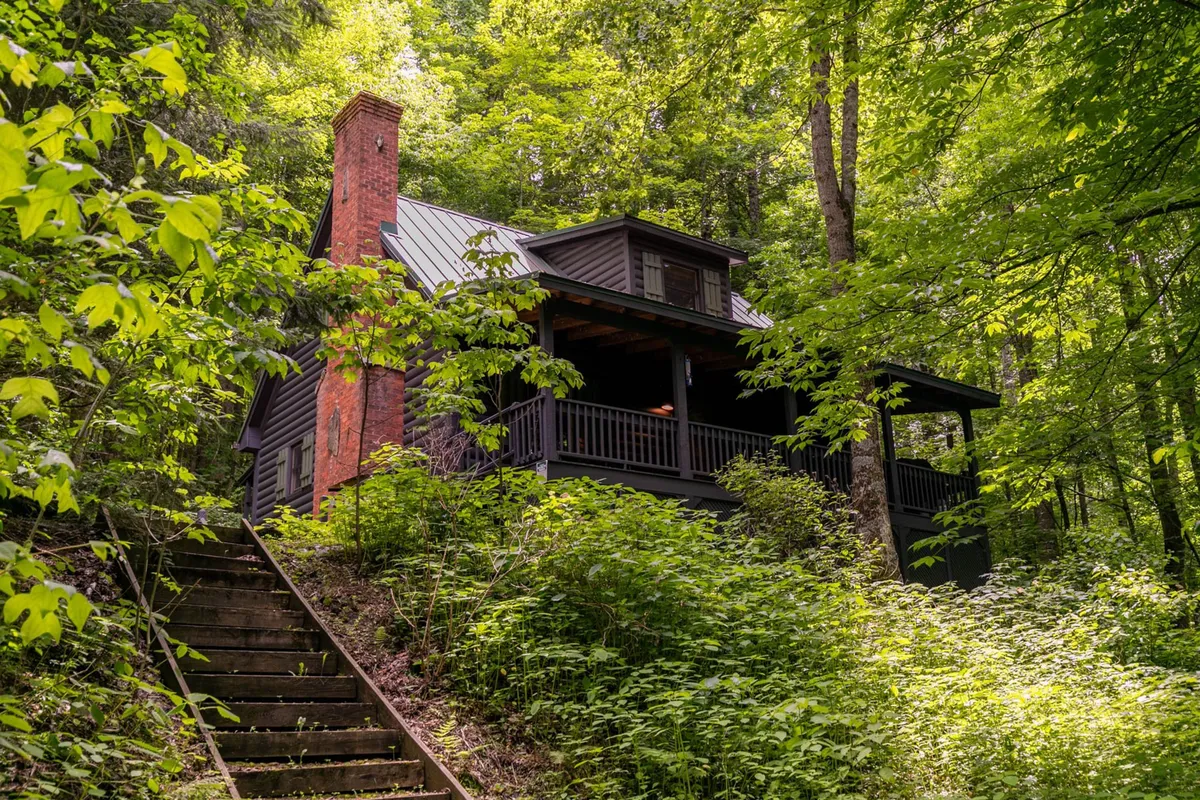 The hero image shows a charming forest cabin nestled among towering evergreens, with a welcoming front porch, wooden staircase, and abundant trees creating a tranquil, secluded atmosphere. The inviting porch hints at relaxing mornings with coffee and evenings spent stargazing or sharing stories around an outdoor fire pit.