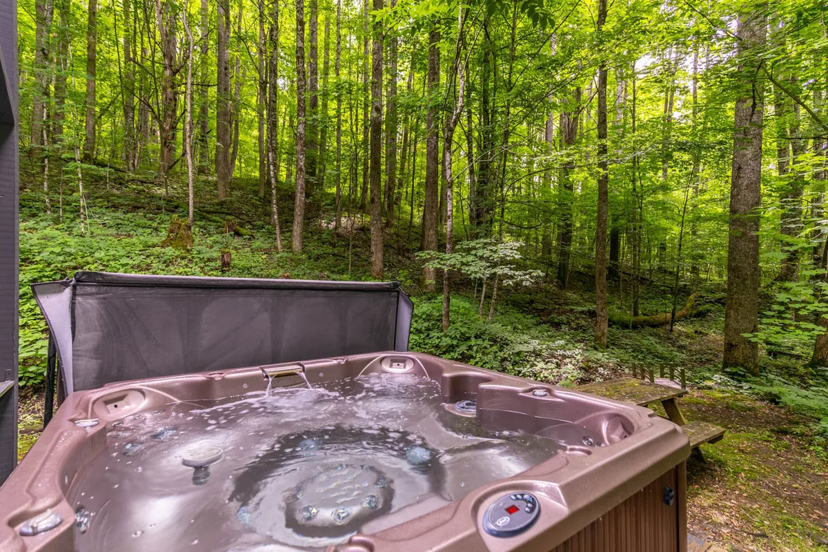 A secluded hot tub nestled among lush green trees, offering privacy and a serene retreat for relaxation. The hot tub is positioned to maximize the surrounding natural beauty, making it perfect for unwinding under the stars or enjoying the tranquil forest setting.